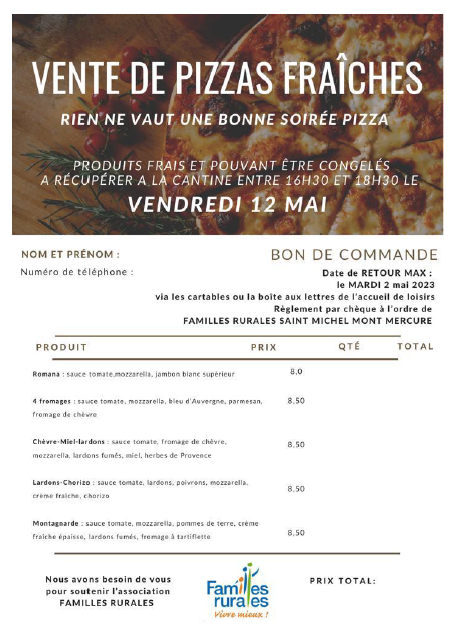 Vente de pizzas pour soutenir les services de Familles Rurales St Michel Mt Mercure
