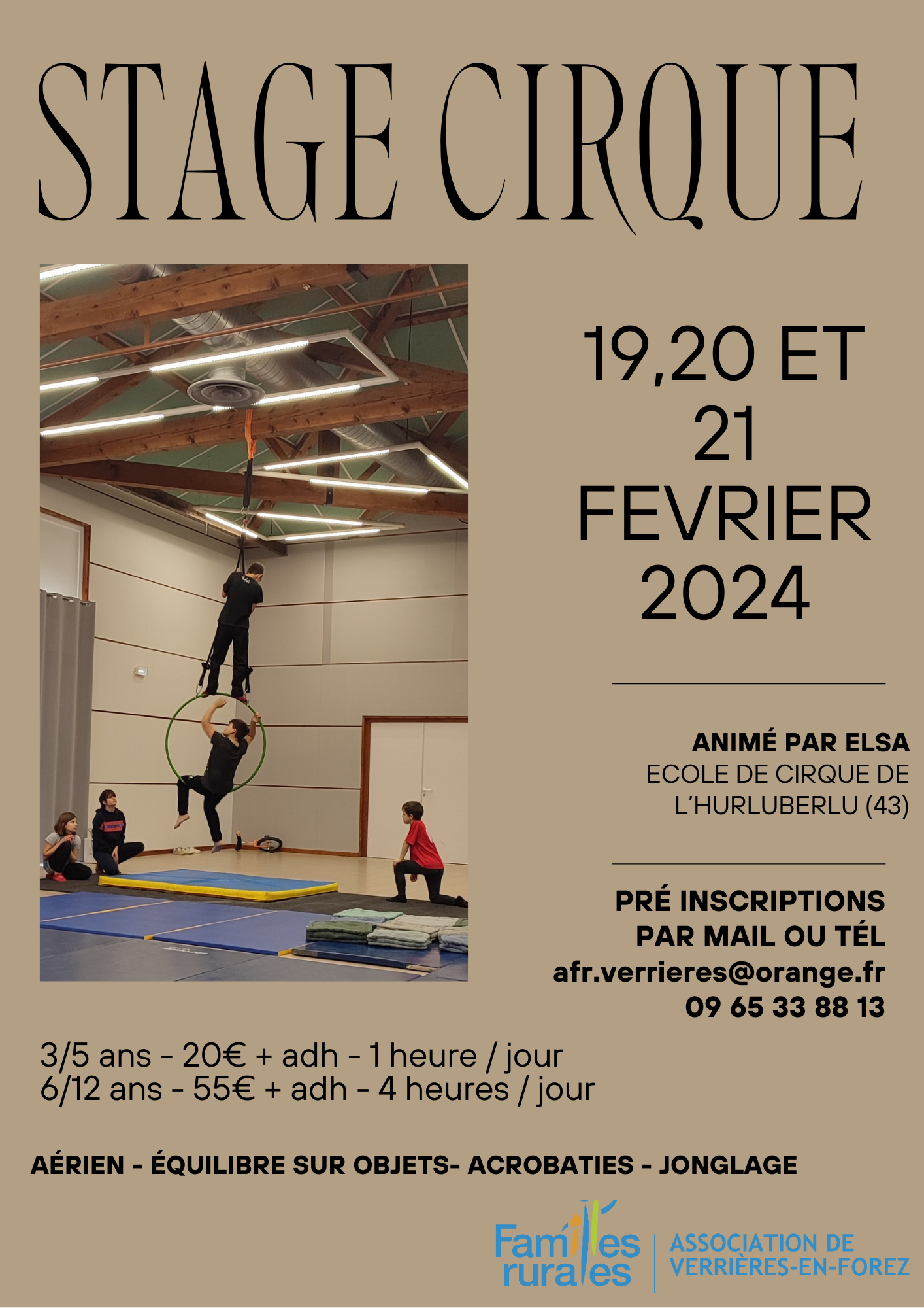 Affiche stage de cirque du 19 au 21 février