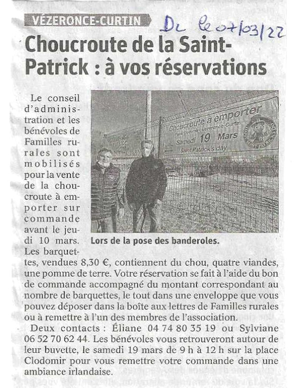 Article DL 07/03/2022 Choucroute Saint-Patrick's day